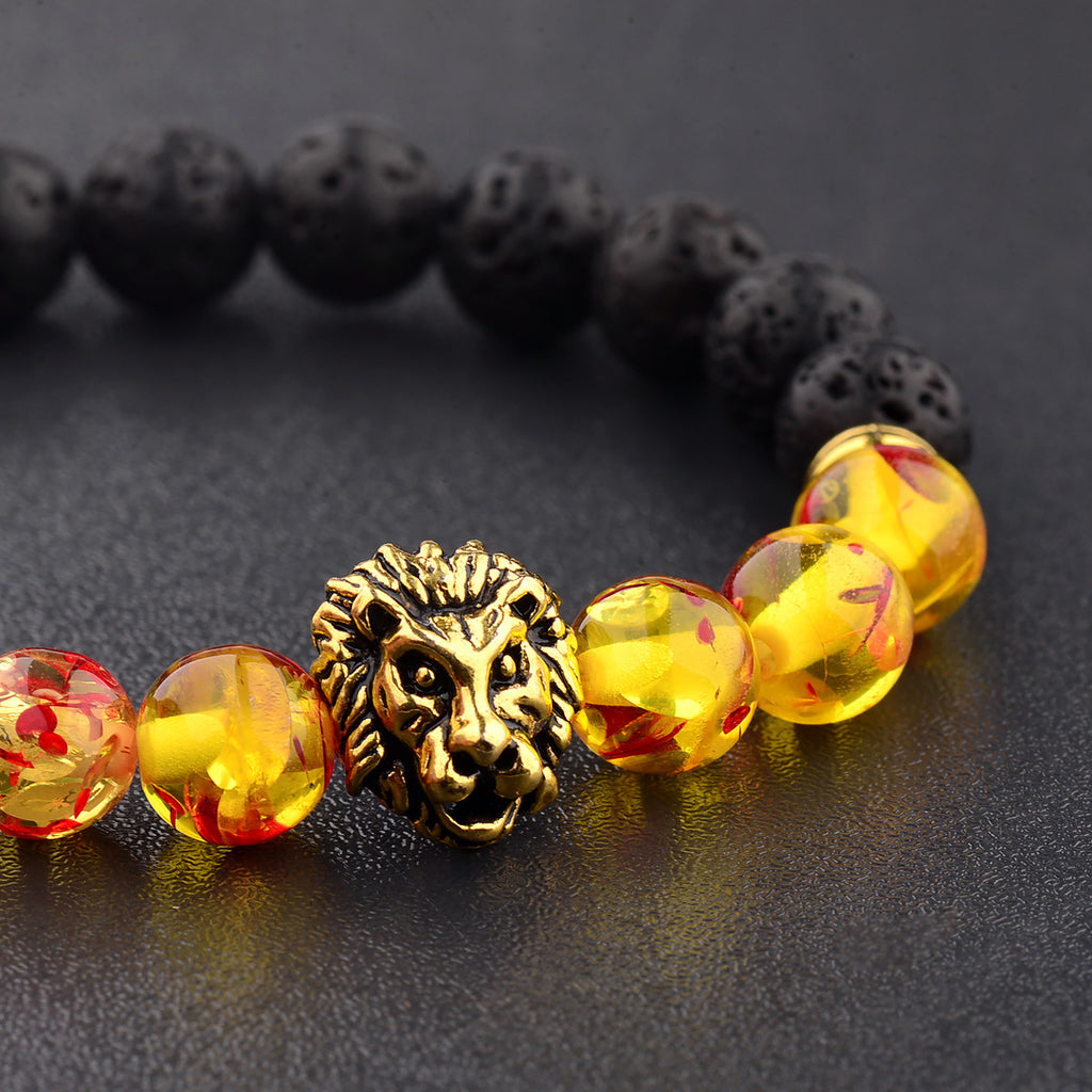 Fashiondy Men’s Black Lava Stone Lion Head Bracelet
