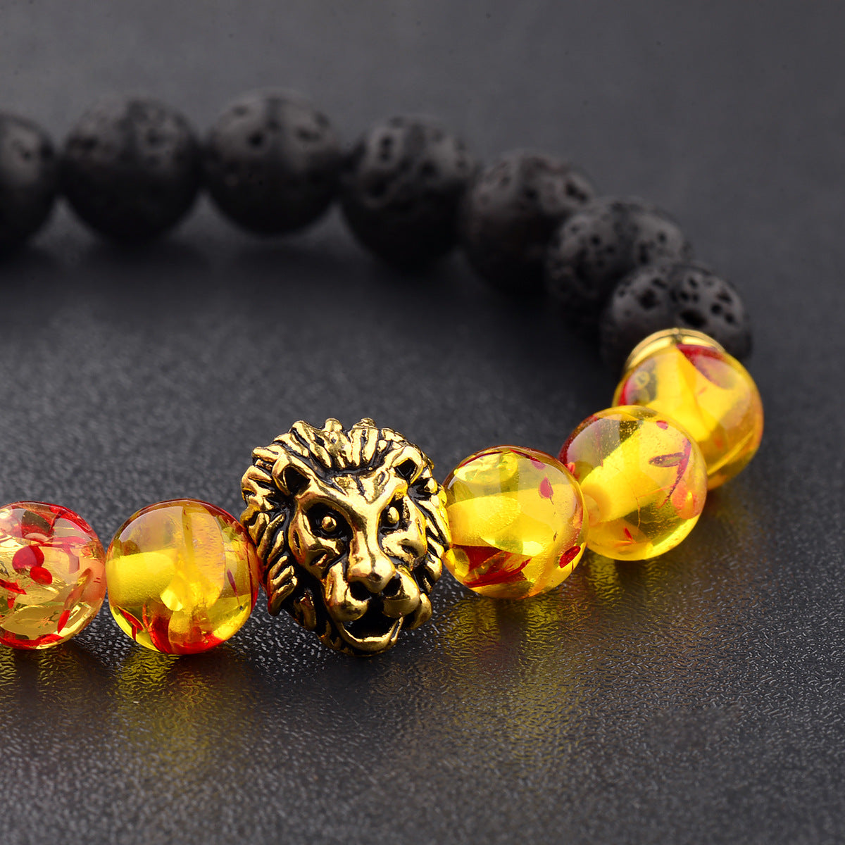 Fashiondy Men’s Black Lava Stone Lion Head Bracelet