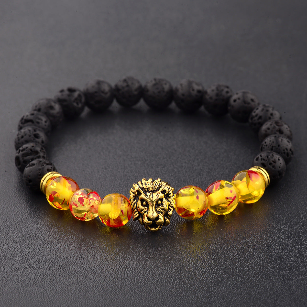 Fashiondy Men’s Black Lava Stone Lion Head Bracelet