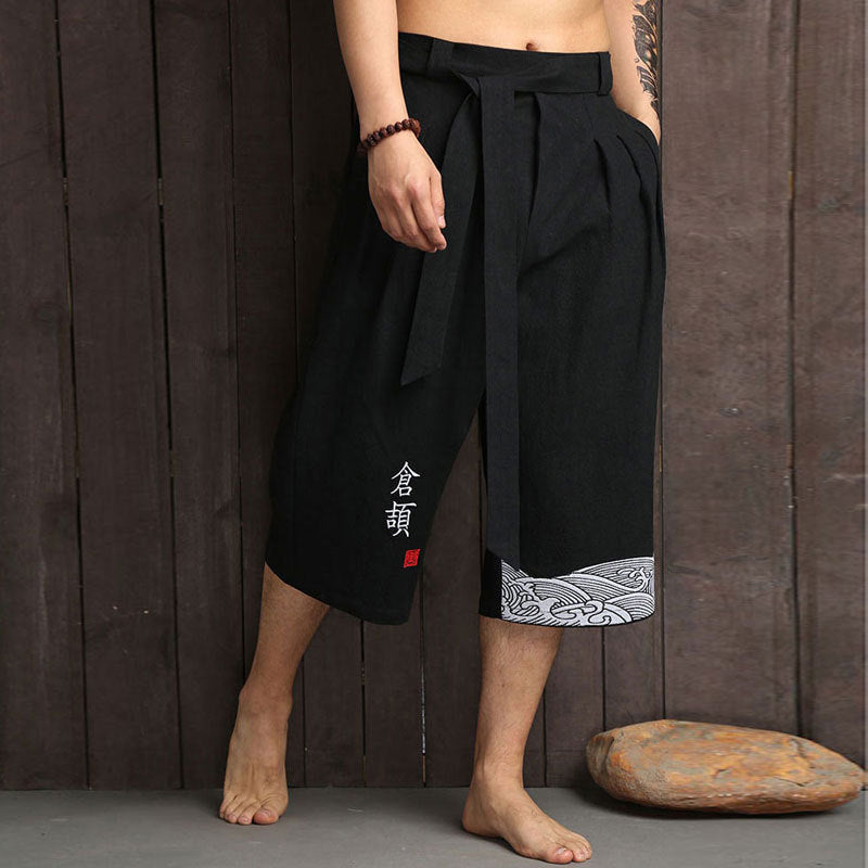 Chinese-style Mens Wide-leg Cropped Pants In Cotton And Linen