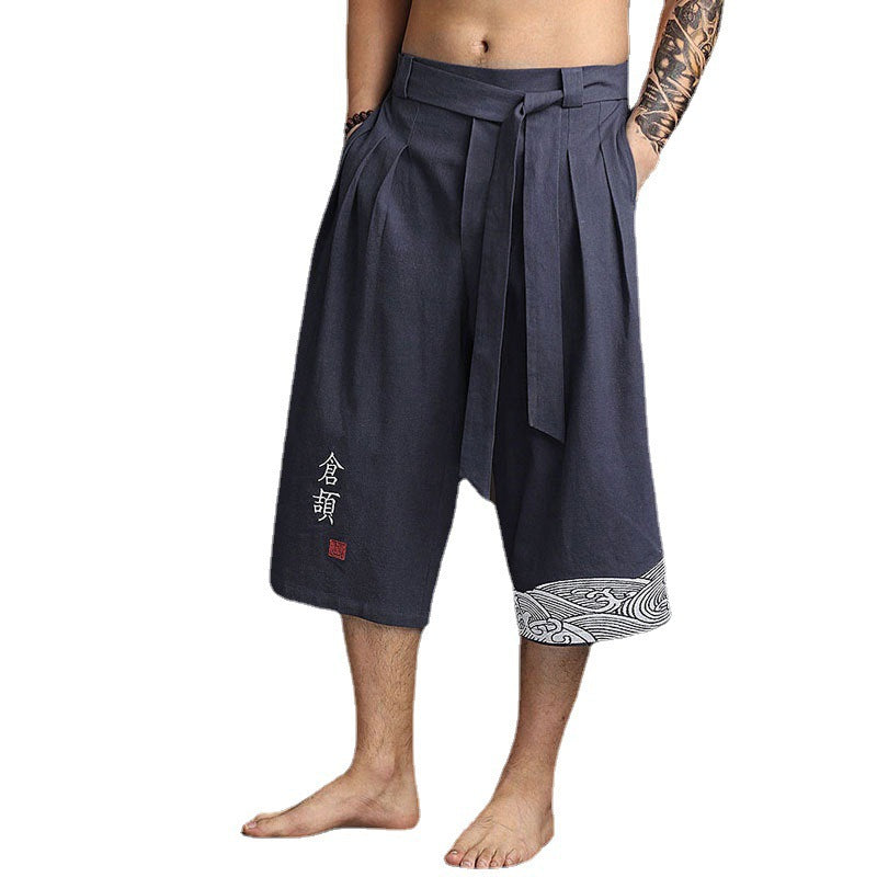 Chinese-style Mens Wide-leg Cropped Pants In Cotton And Linen