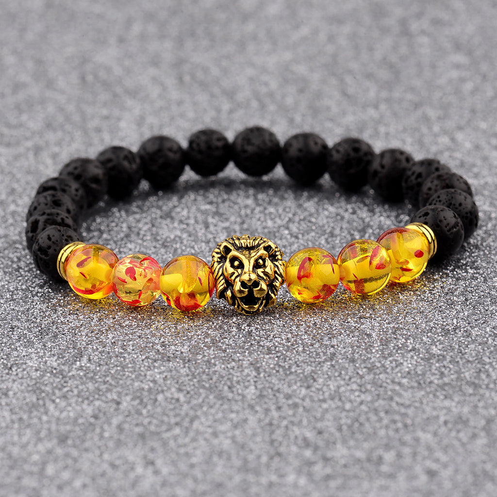 Fashiondy Men’s Black Lava Stone Lion Head Bracelet