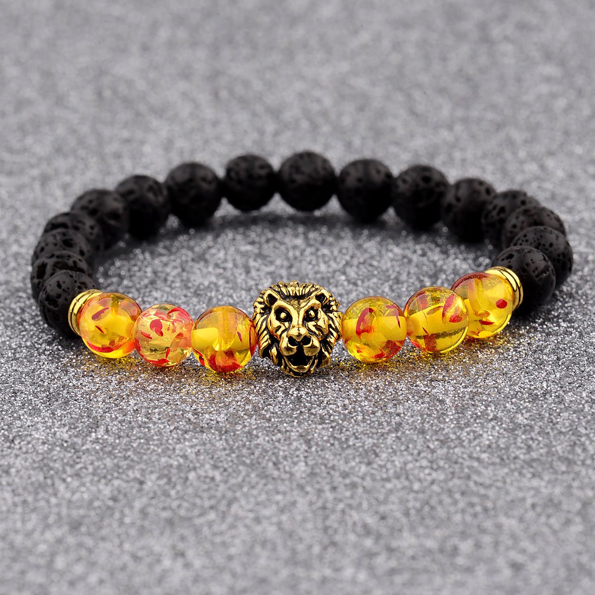Fashiondy Men’s Black Lava Stone Lion Head Bracelet