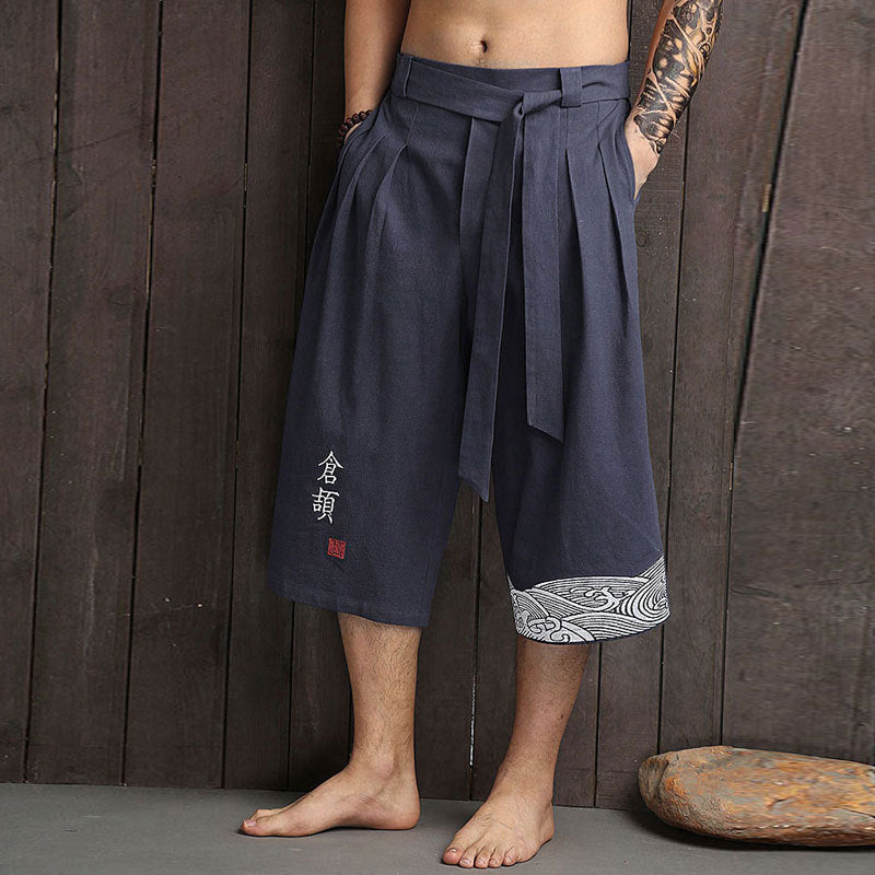 Chinese-style Mens Wide-leg Cropped Pants In Cotton And Linen