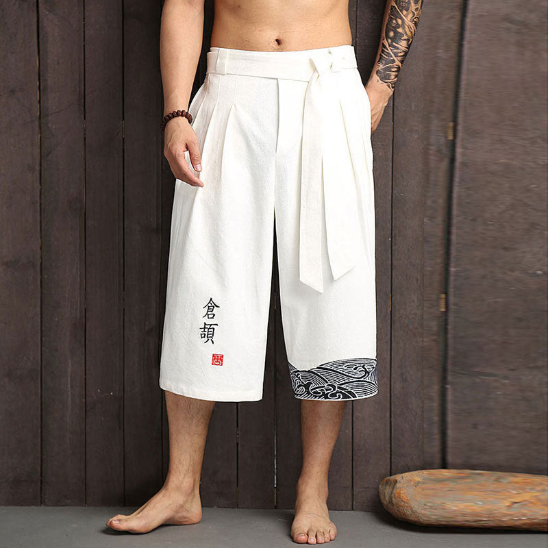 Chinese-style Mens Wide-leg Cropped Pants In Cotton And Linen