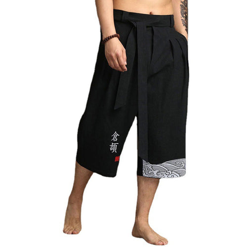 Chinese-style Mens Wide-leg Cropped Pants In Cotton And Linen